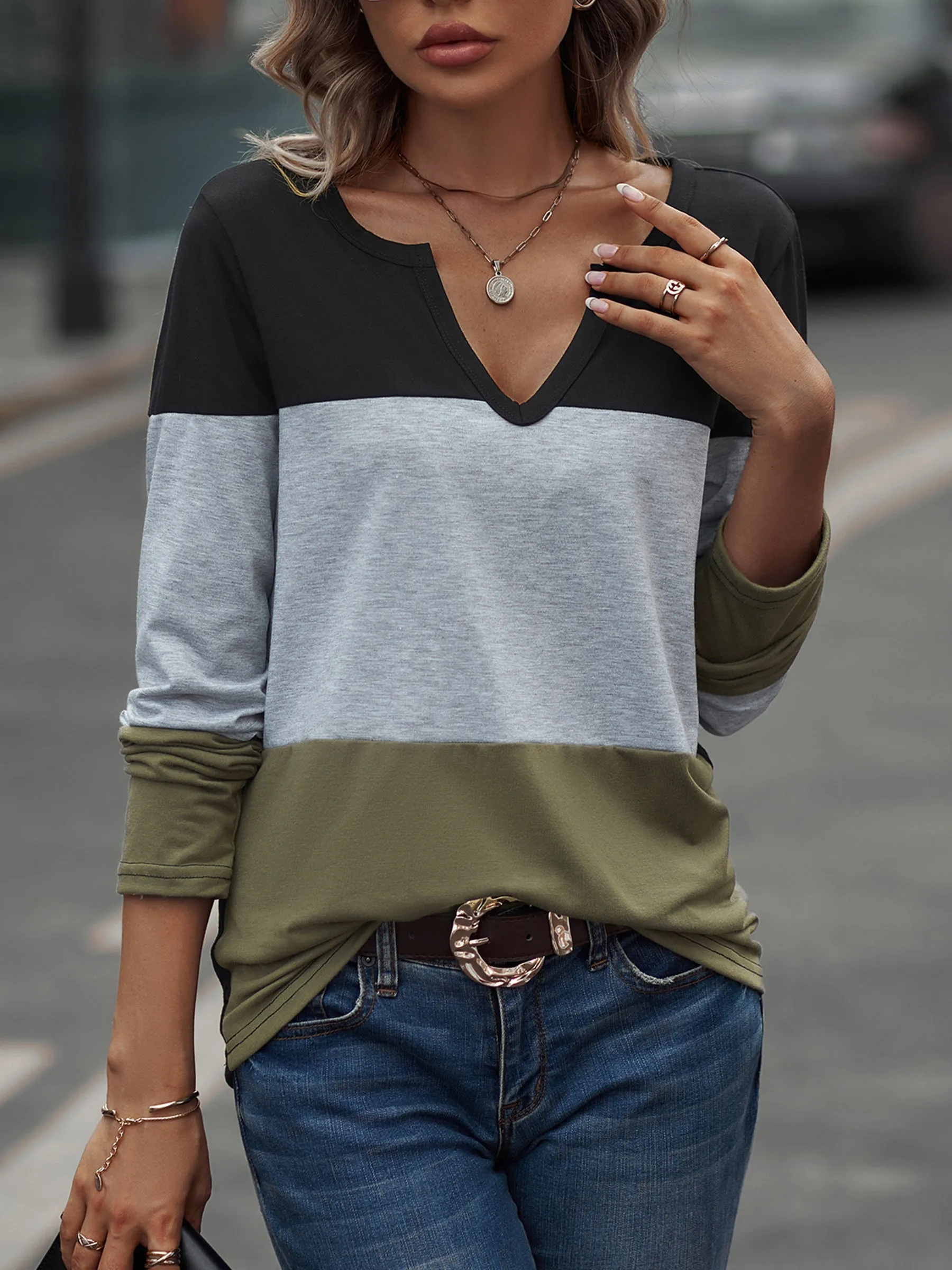 Color Block Long Sleeve Tri-Tone V-Neck Casual Shirts