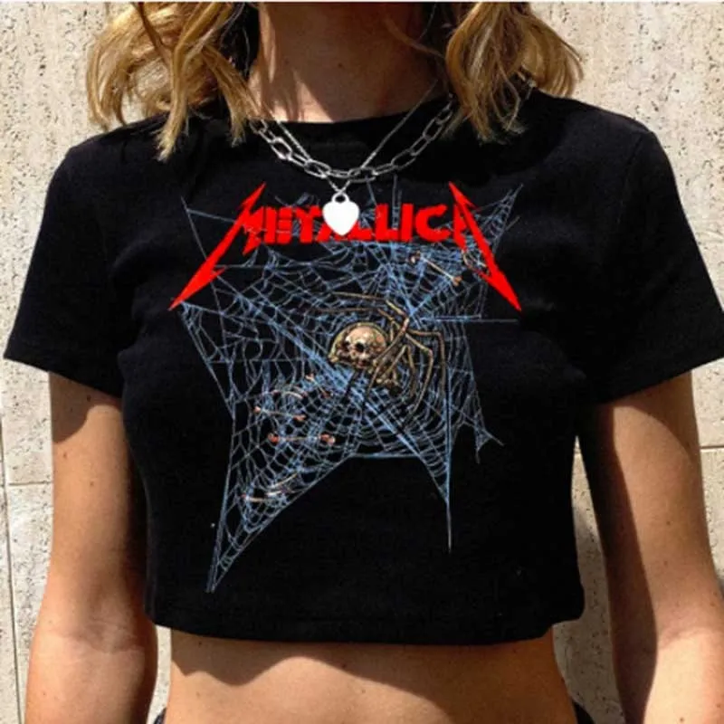 Getadme Goth Skeleton cobweb print grunge graphic short sleeve crop top y2k Harajuku Punk basic Tee Slim T-shirt dress sexy black