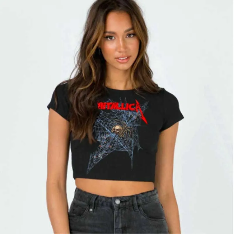 Getadme Goth Skeleton cobweb print grunge graphic short sleeve crop top y2k Harajuku Punk basic Tee Slim T-shirt dress sexy black