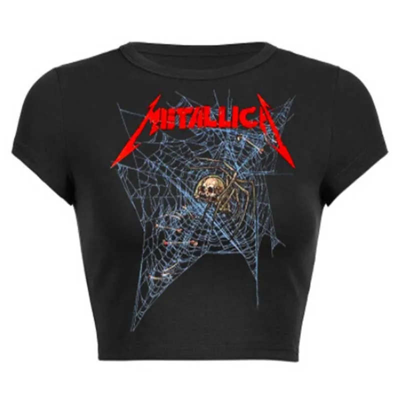 Getadme Goth Skeleton cobweb print grunge graphic short sleeve crop top y2k Harajuku Punk basic Tee Slim T-shirt dress sexy black