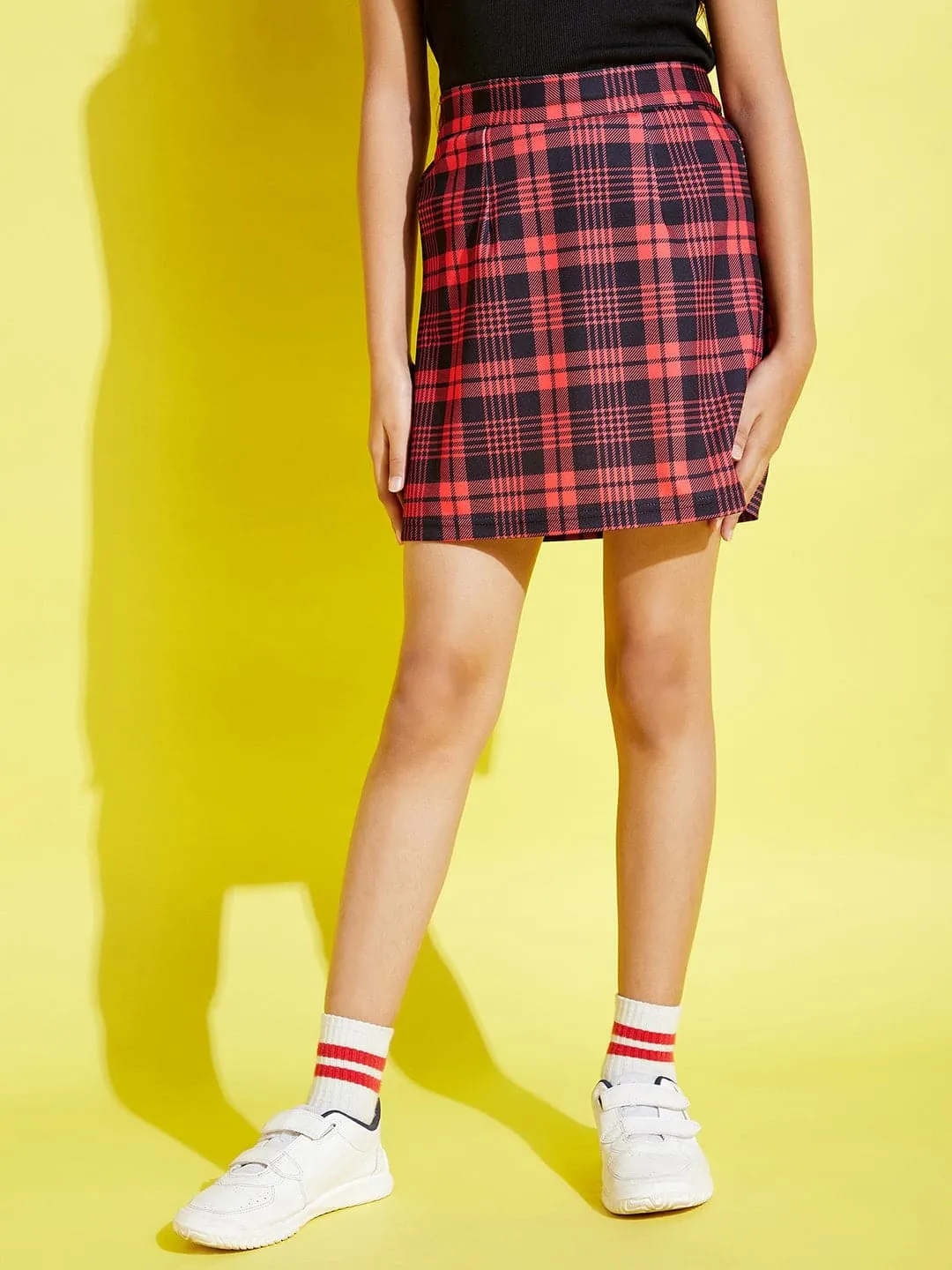 Girls Red & Black Check A-Line Skirt - Lyush Kids