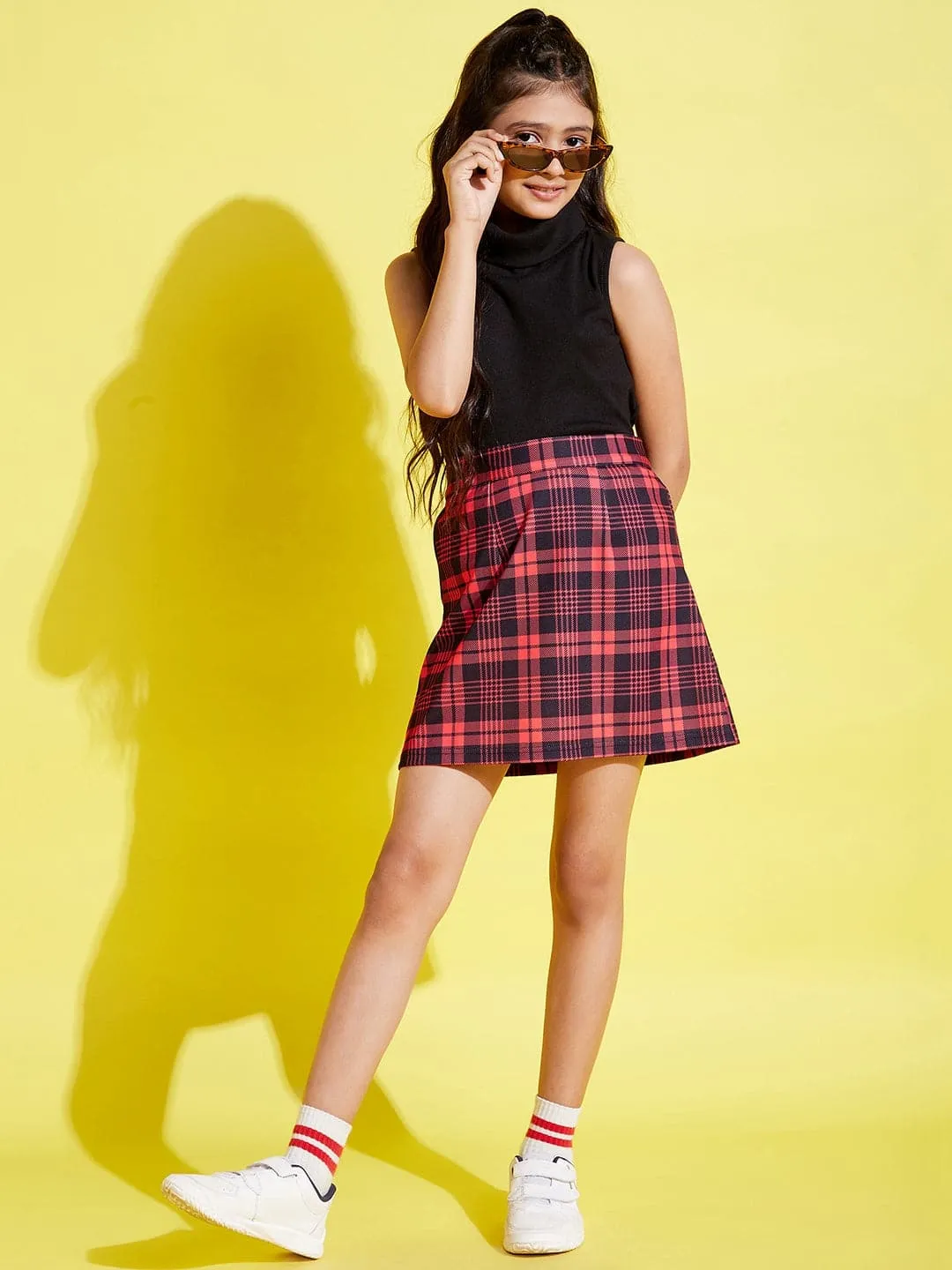 Girls Red & Black Check A-Line Skirt - Lyush Kids