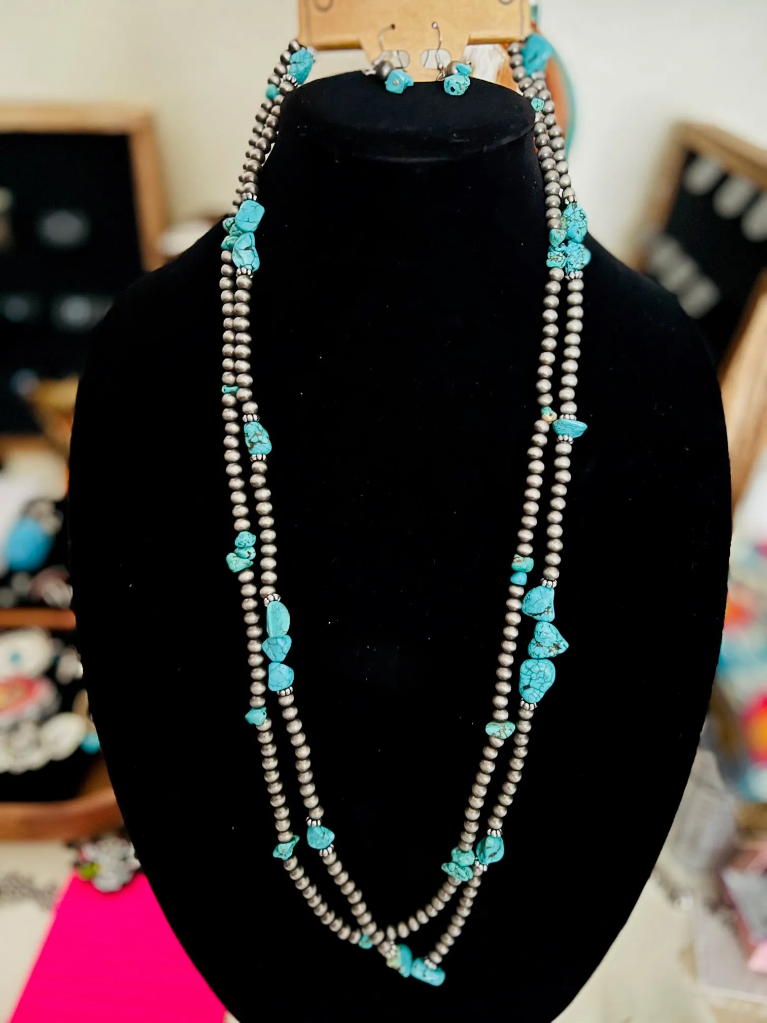 Navajo Inspired Double Layer Turquoise and Pearl Necklace Set