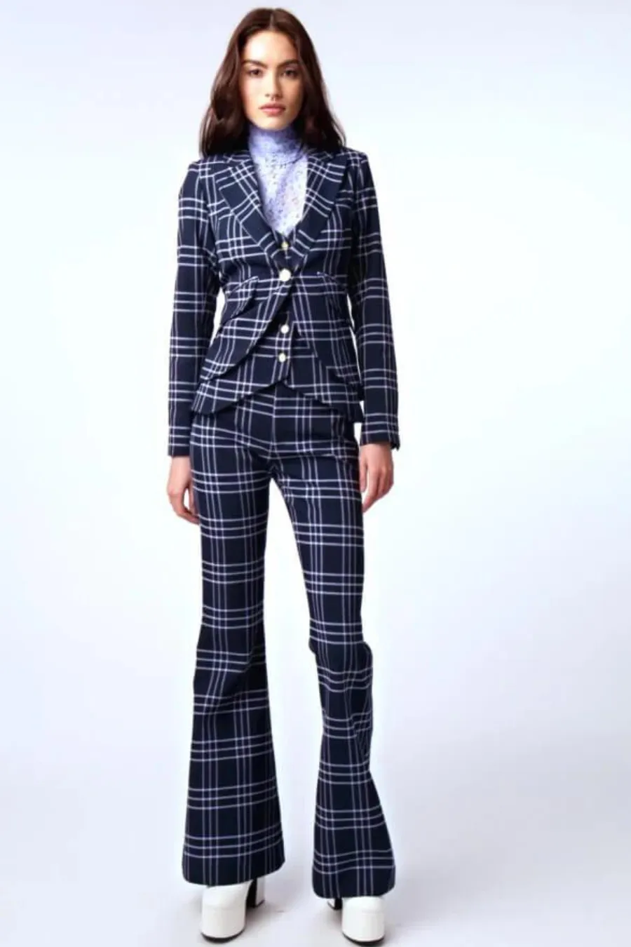 One Button Blazer Navy Lilac Grid