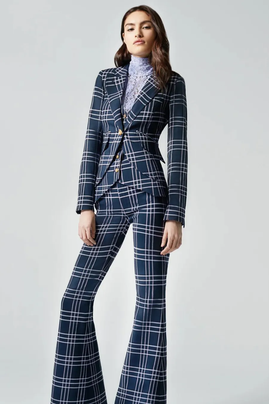 One Button Blazer Navy Lilac Grid
