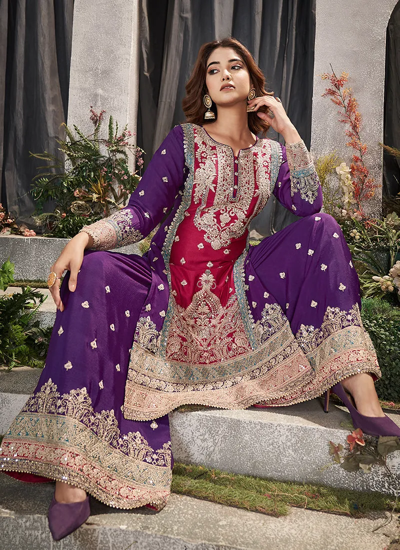 Purple And Rani Pink Embroidery Traditional Palazzo Suit