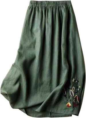 Skirts for Women Trendy Summer Vintage Floral Embroidered Cotton Linen Skirt for Women A Line Midi Skirt Slimming
