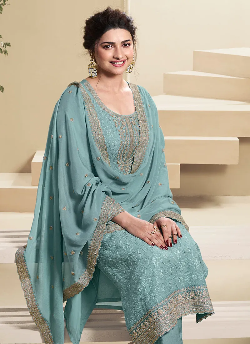Sky Blue Chikankari Embroidered Pakistani Pant Suit