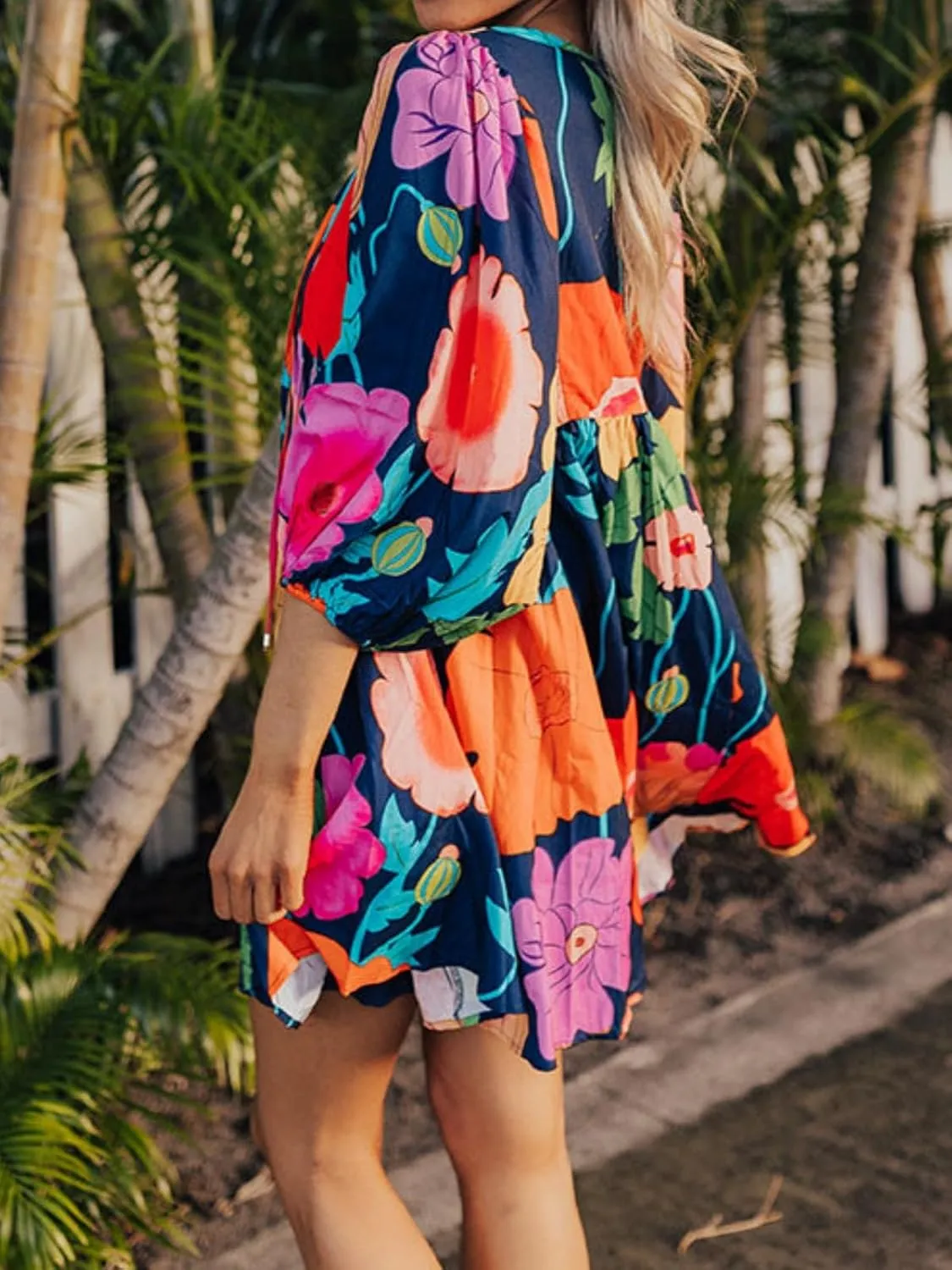 Womens Floral Print Dress Casual V Neck Tassel Tie Half Sleeve Summer Mini Dress