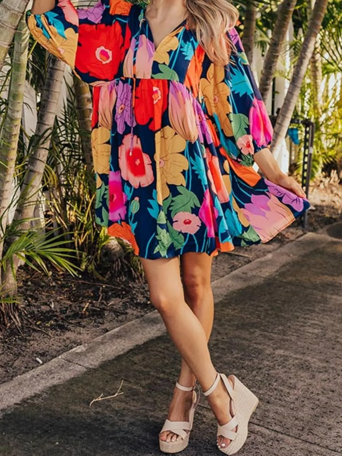 Womens Floral Print Dress Casual V Neck Tassel Tie Half Sleeve Summer Mini Dress
