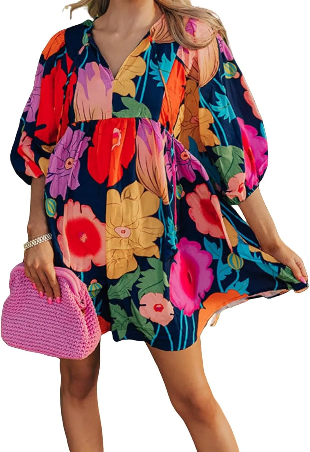 Womens Floral Print Dress Casual V Neck Tassel Tie Half Sleeve Summer Mini Dress