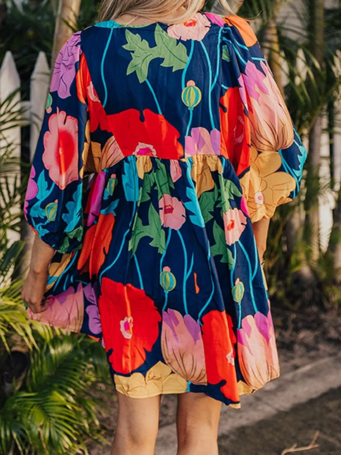 Womens Floral Print Dress Casual V Neck Tassel Tie Half Sleeve Summer Mini Dress